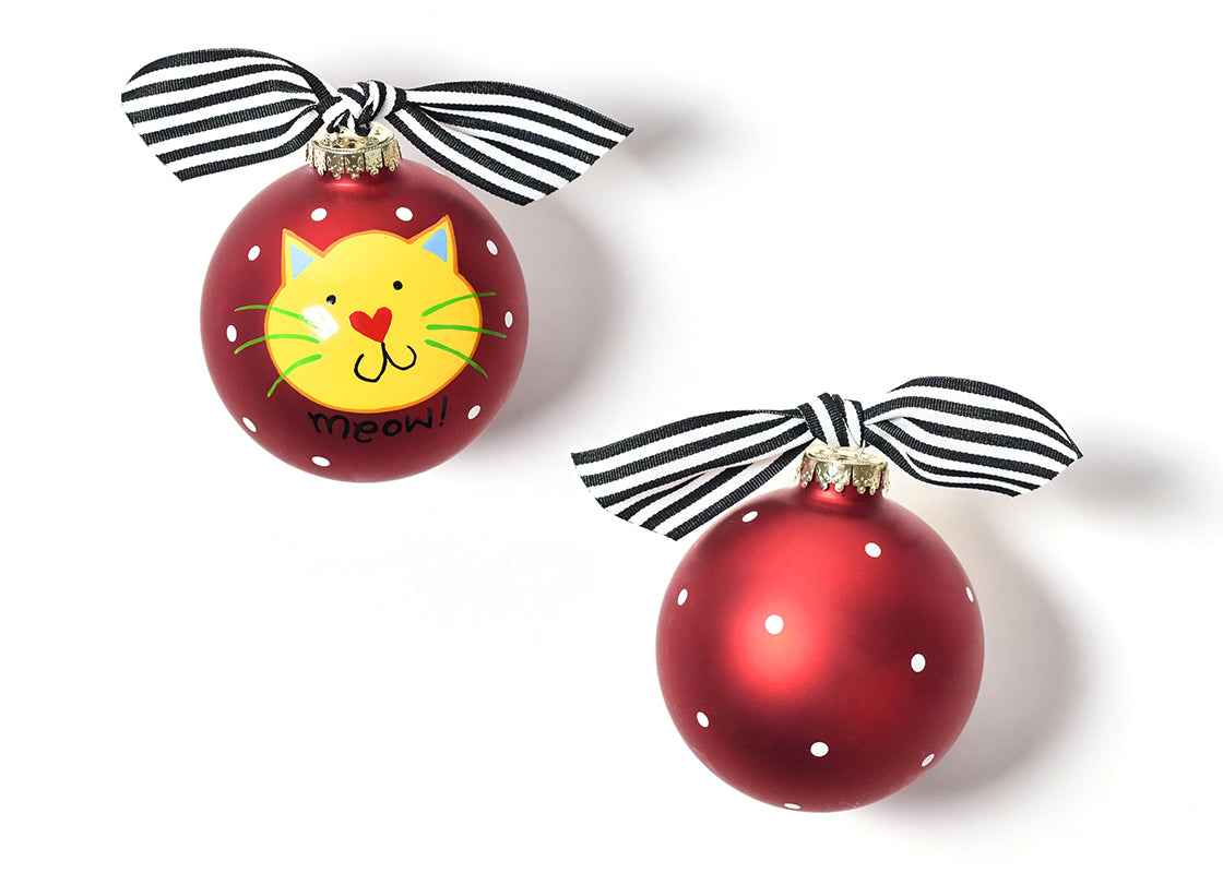 Front and Back View of Red Meow Cat Glass Ornament