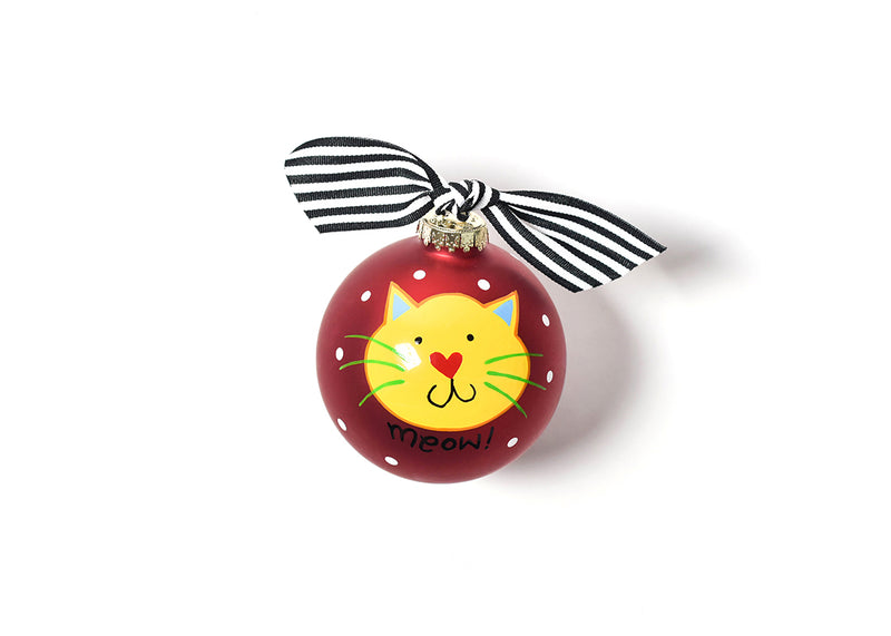 Red Glass Cat Ornament with Black Striped Bow