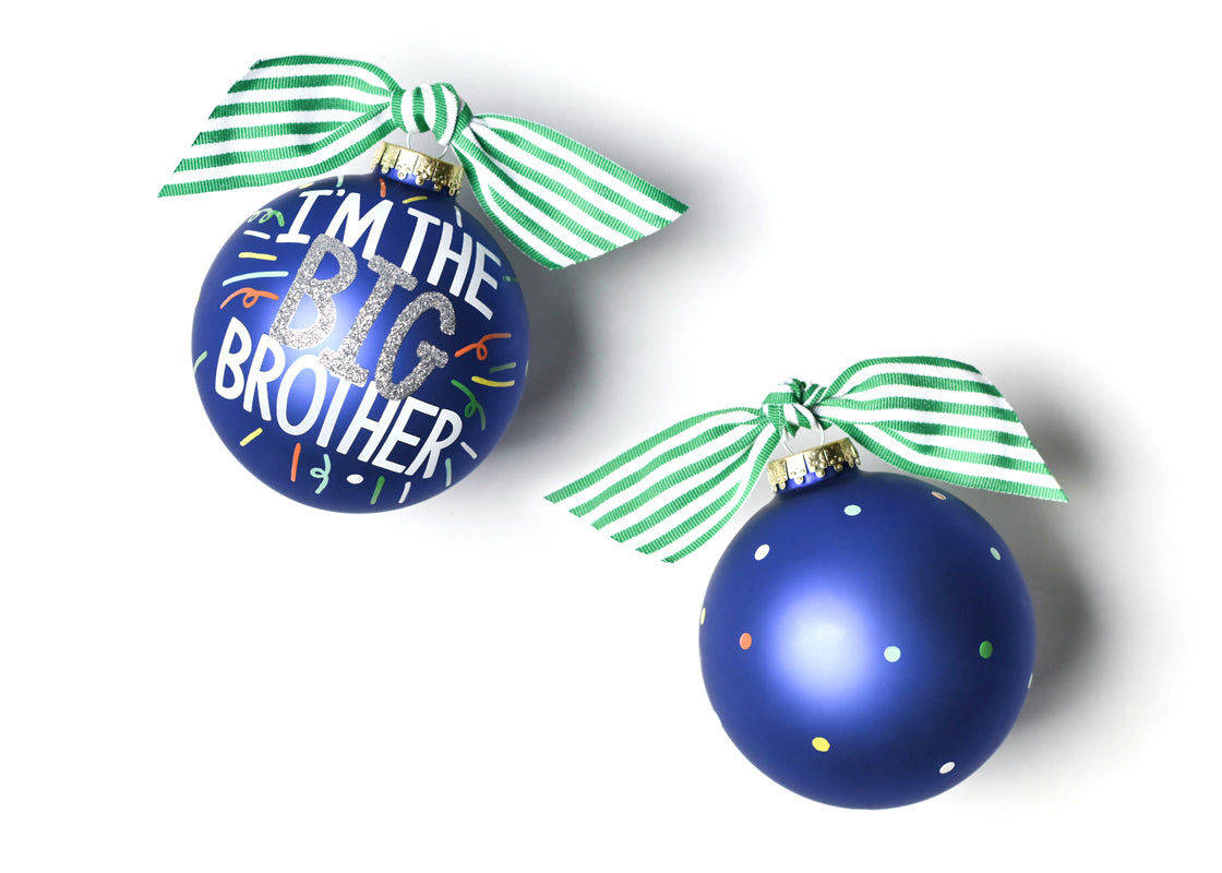 Front and Back View of Big Brother Popper Glass Ornament Placed Side by Side