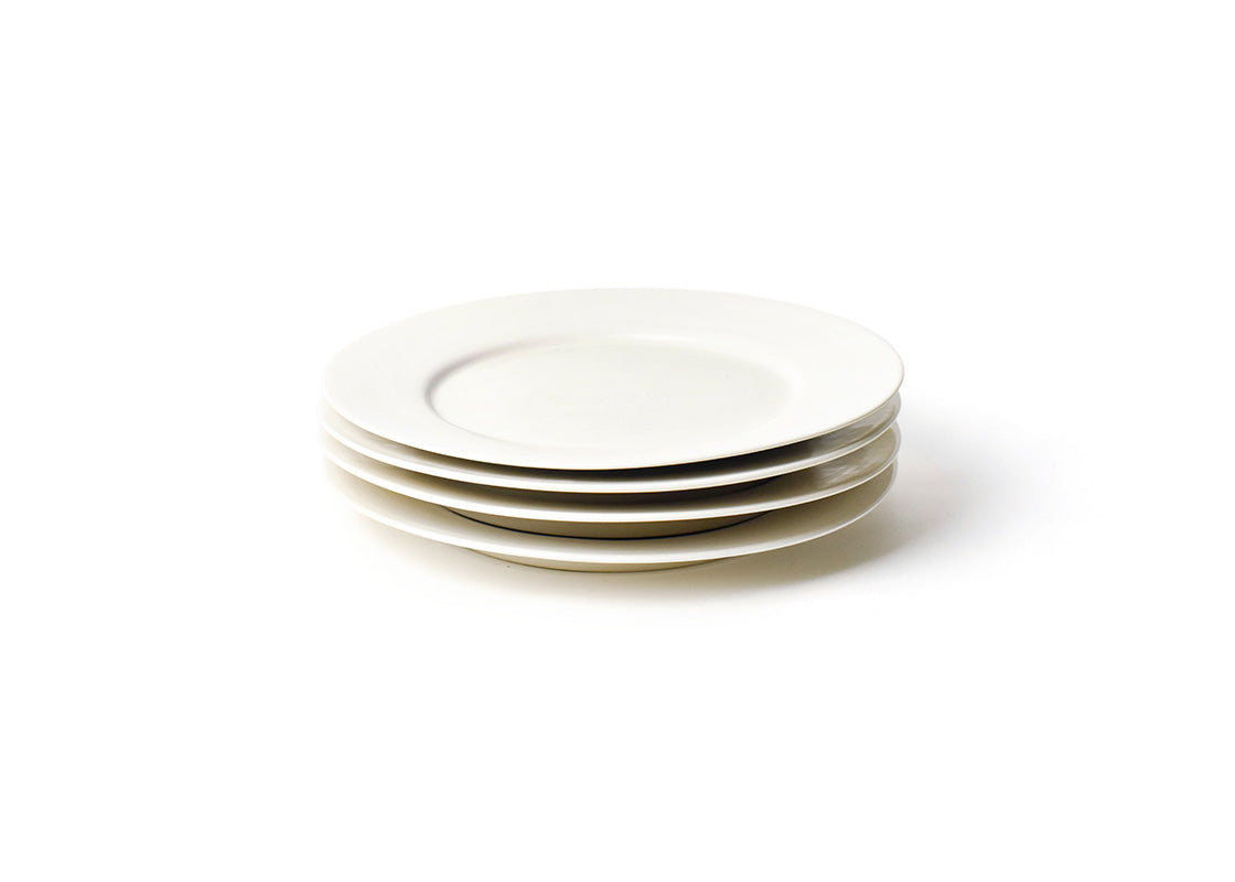 Front View of Neatly Stacked Signature White Rimmed Dinner Plate Set of 4 with Oversized Rim