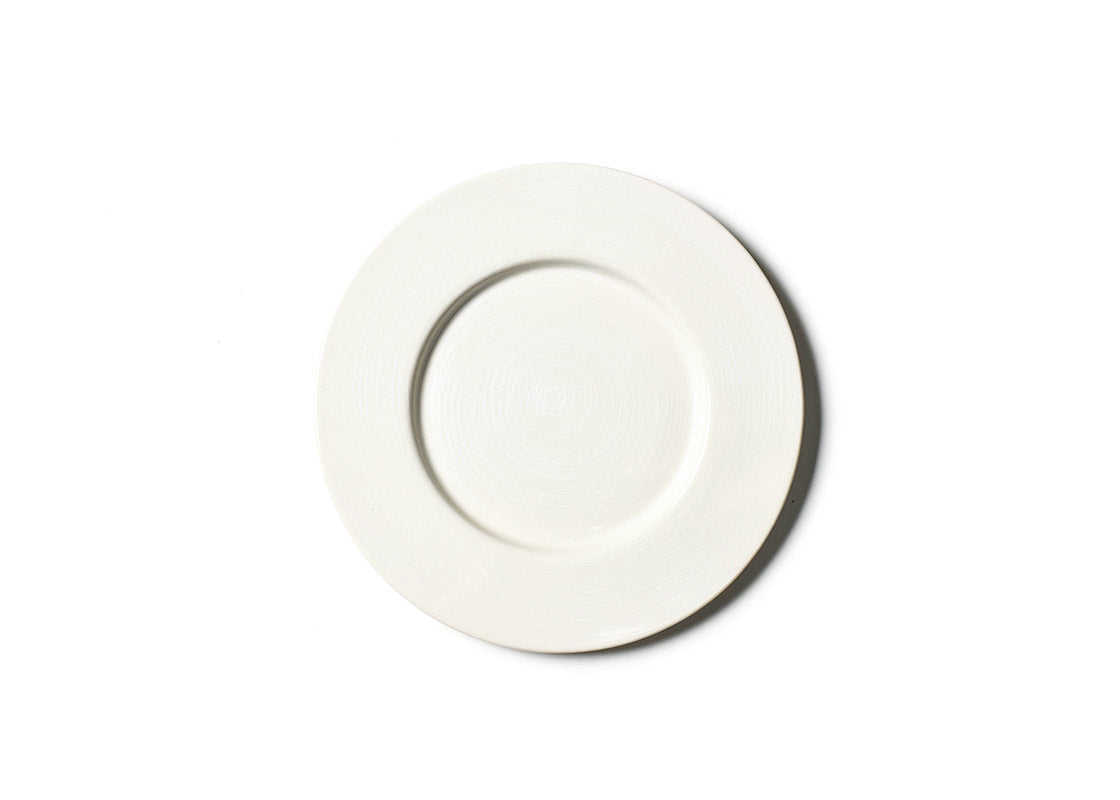 Overhead View of Signature White Rimmed Dinner Plate with Subtle Hand-Painted Brushstrokes