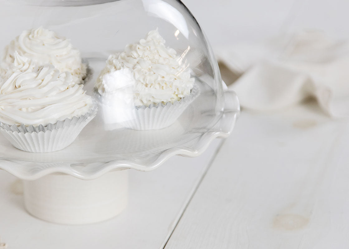 Extreme Cropped Close up of Glass Dome Over Display of Cupcakes on Cake Stand Signature White