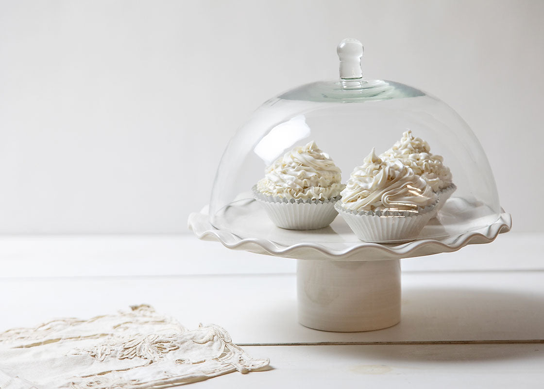 Front View of Signature White Ruffle Cake Stand Holding Cupcakes