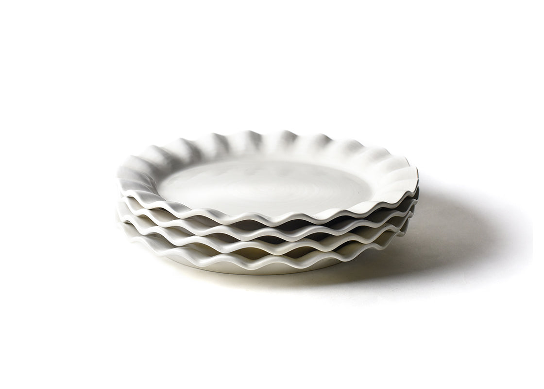 Front View of Neatly Stacked Signature White Ruffle Round Platter Set of 4