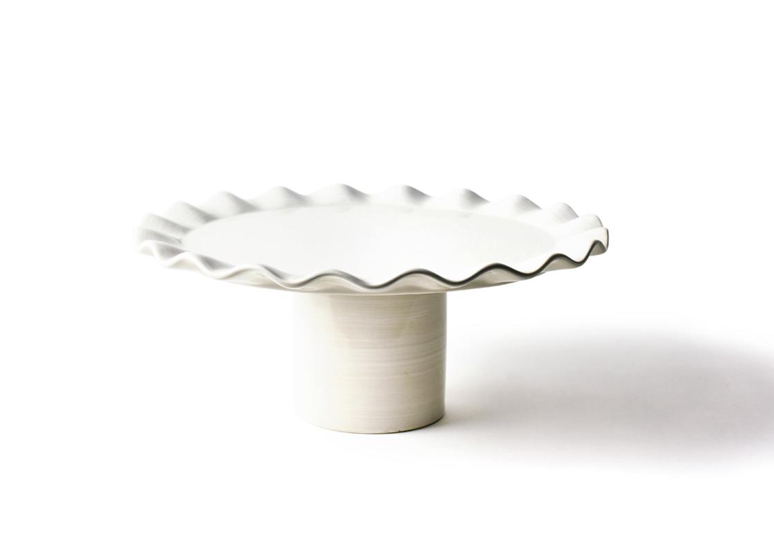 Front View of Signature White Ruffle Large Cake Stand Showcasing Subtle Hand-Painted Brushstrokes on Round Pedestal
