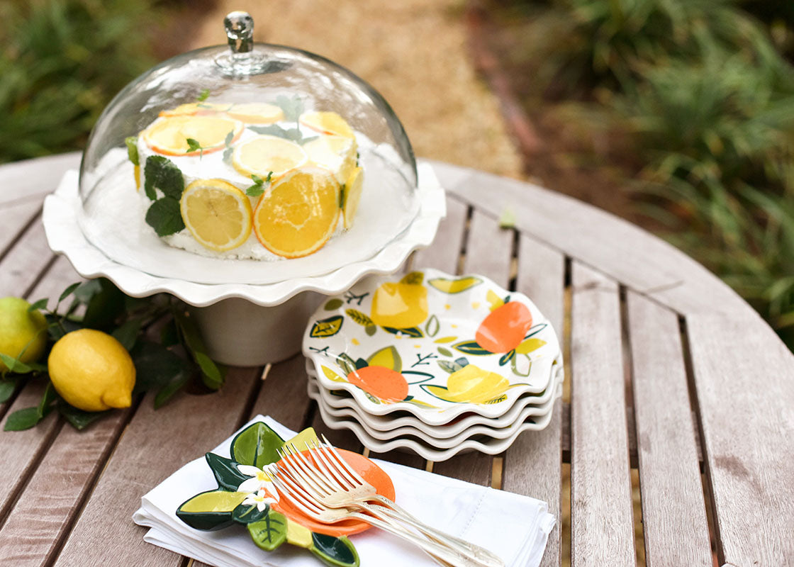 Front View of 14-inch Cake Stand with Ruffled Edge and Coordinating Pieces from Citrus Collection