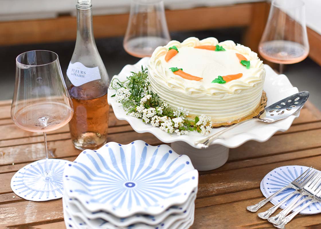 Front View of Carrot Cake Served from Signature White Ruffle Design Cake Stand Coordinated with other Coton Colors Ruffle Designs