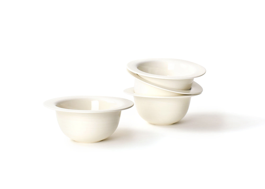 Front View of Stacked Signature White Rimmed Small Bowl Set of 4 Showing all Pieces in Set