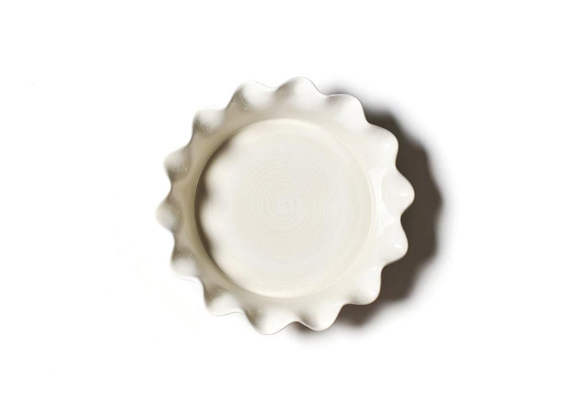Interior view of Signature White 9 Ruffle Pie Dish Showcasing Subtle Hand-Painted Brushstrokes on Inside