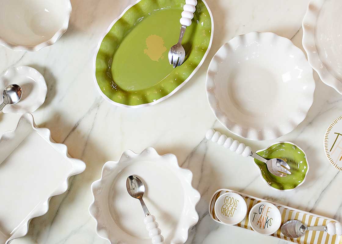 Overhead View of Coton Colors Tableware Designs Including Signature White Ruffle Best Bowl