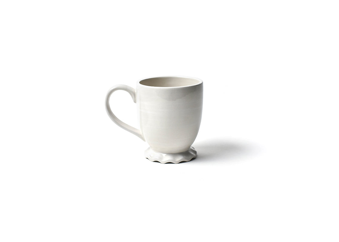 Front View of Signature White Ruffle Mug with Unique Ruffled Base and Comfortable Handle