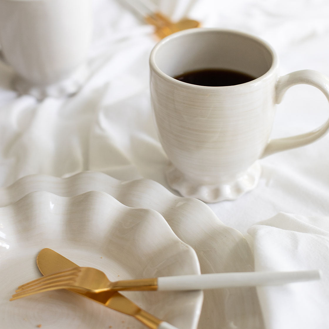 Cropped Close up of Breakfast Tablescape with Coordinating Ruffle Design Serveware Including Signature White Mug