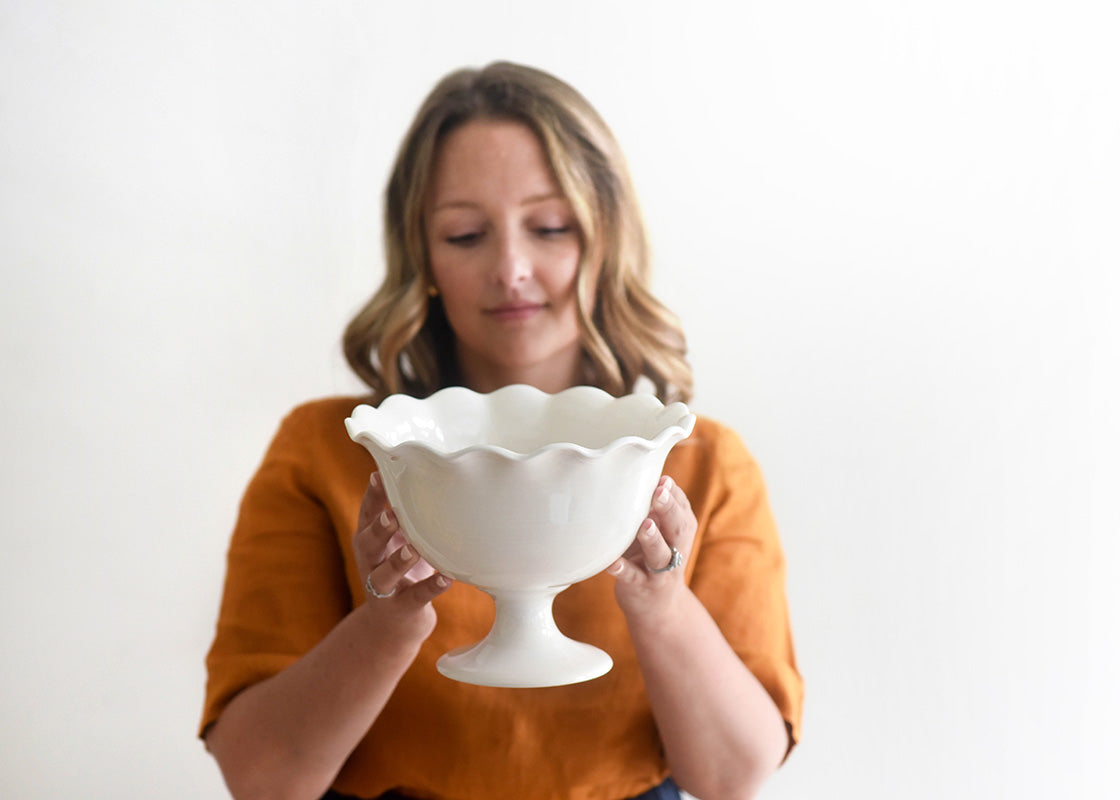 Front View of Woman Holding Trifle Bowl Signature White Ruffle Design