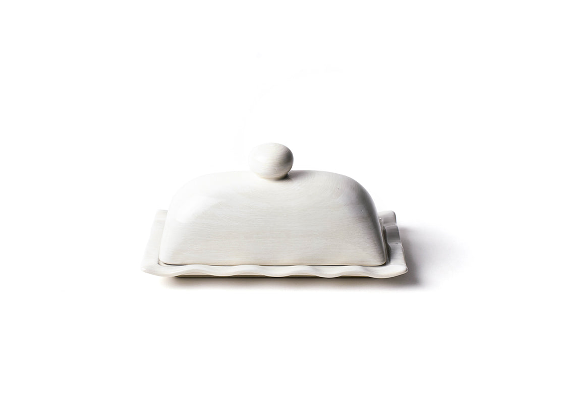 Front View of Signature White Ruffle Domed Butter Dish Showcasing Design Details on Outside