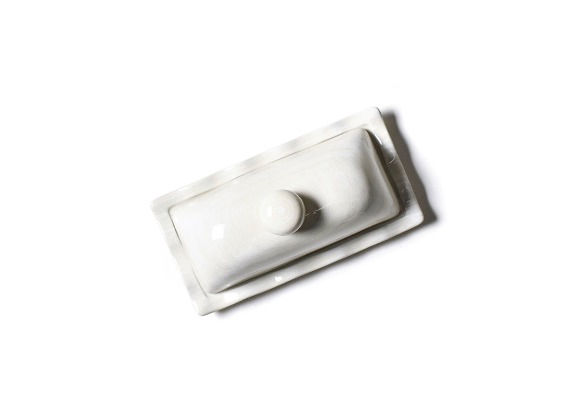 Overhead View of Signature White Ruffle Domed Butter Dish Showing Design Details on Lid and Knob