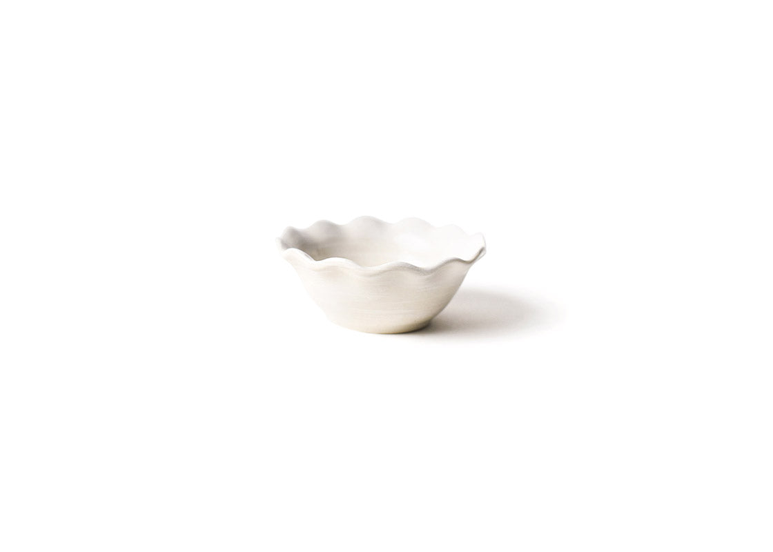 Front View of Signature White Ruffle Dipping Bowl Showcasing Design Details on Outside
