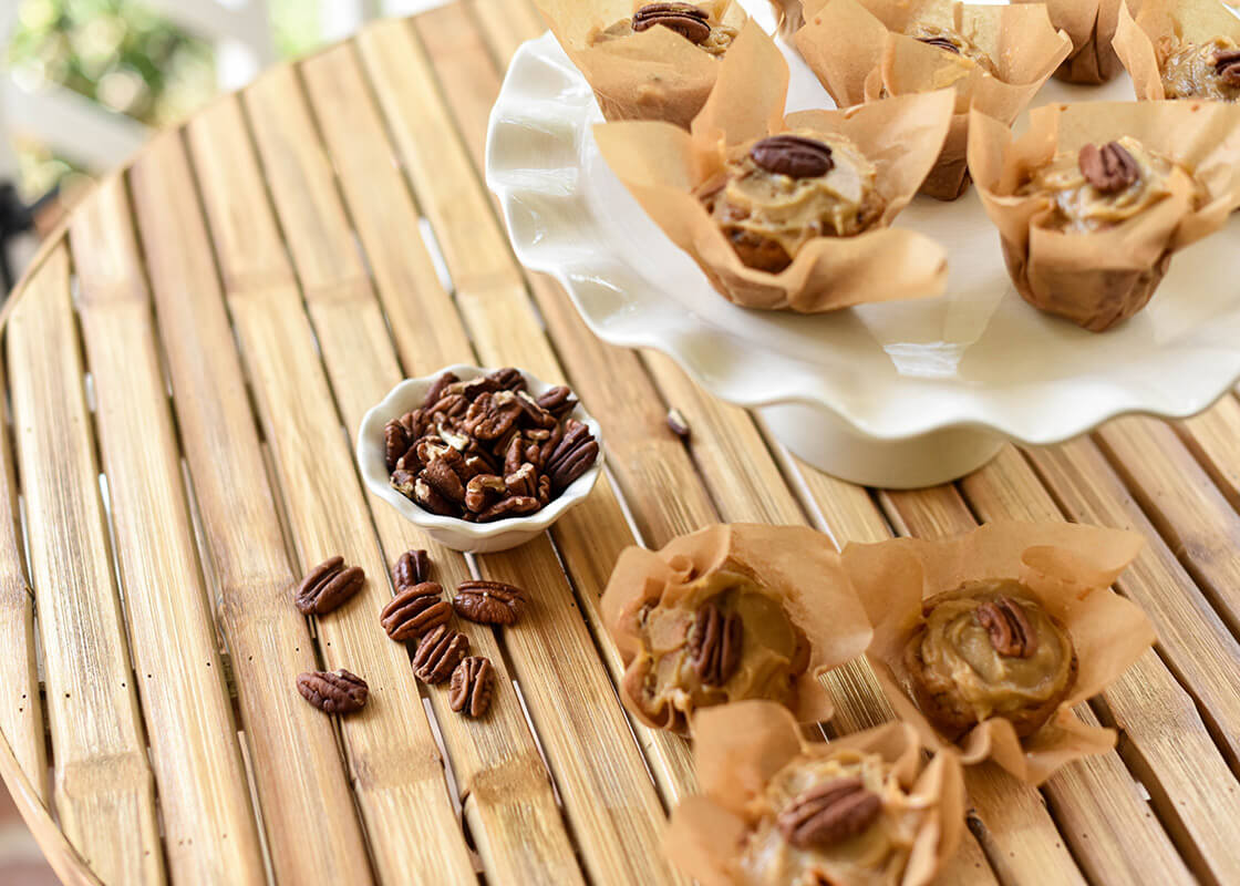 Cropped Close up of Signature White Ruffle Dipping Bowl filled with Pecans