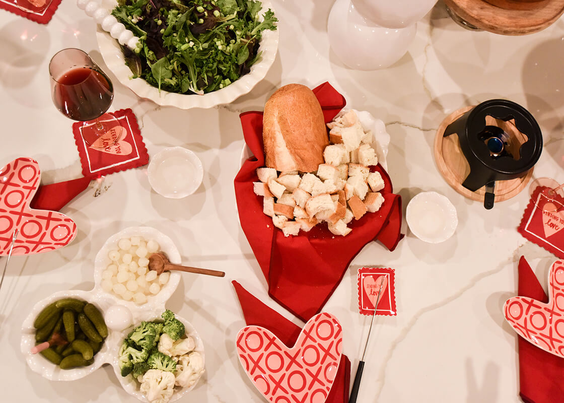 Overhead View of Signature White Ruffle Dipping Bowl in Valentine's Day Tablescape