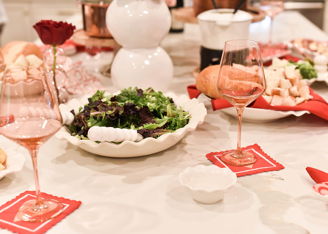 Cropped View of Signature White Ruffle Dipping Bowl in Valentine's Day Tablescape