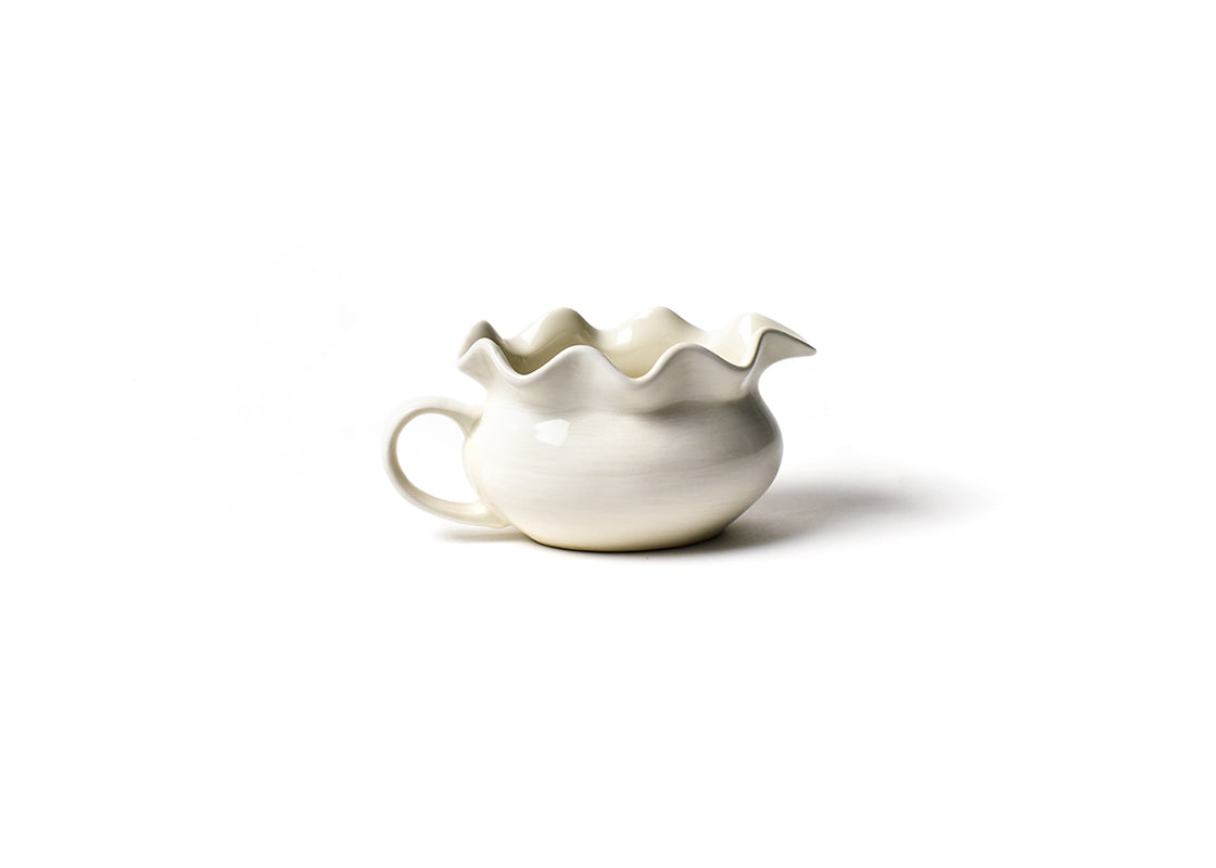 Front View of Signature White Ruffle Gravy Boat Showcasing Subtle Hand-Painted Brushstrokes on Outside