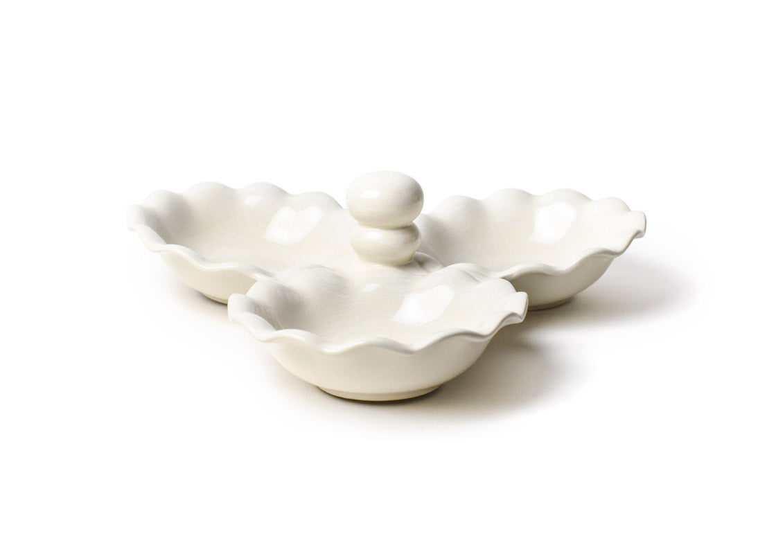 Front View of Signature White Ruffle Three Bowl Server Highlighting Knobbed Handle and Depth of Bowls, Perfectly Sized for Serving