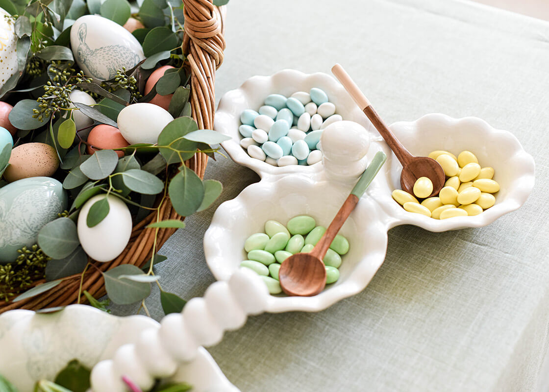 Cropped Close up of Signature White Ruffle Three Bowl Server Holding Pastel Colored Candy