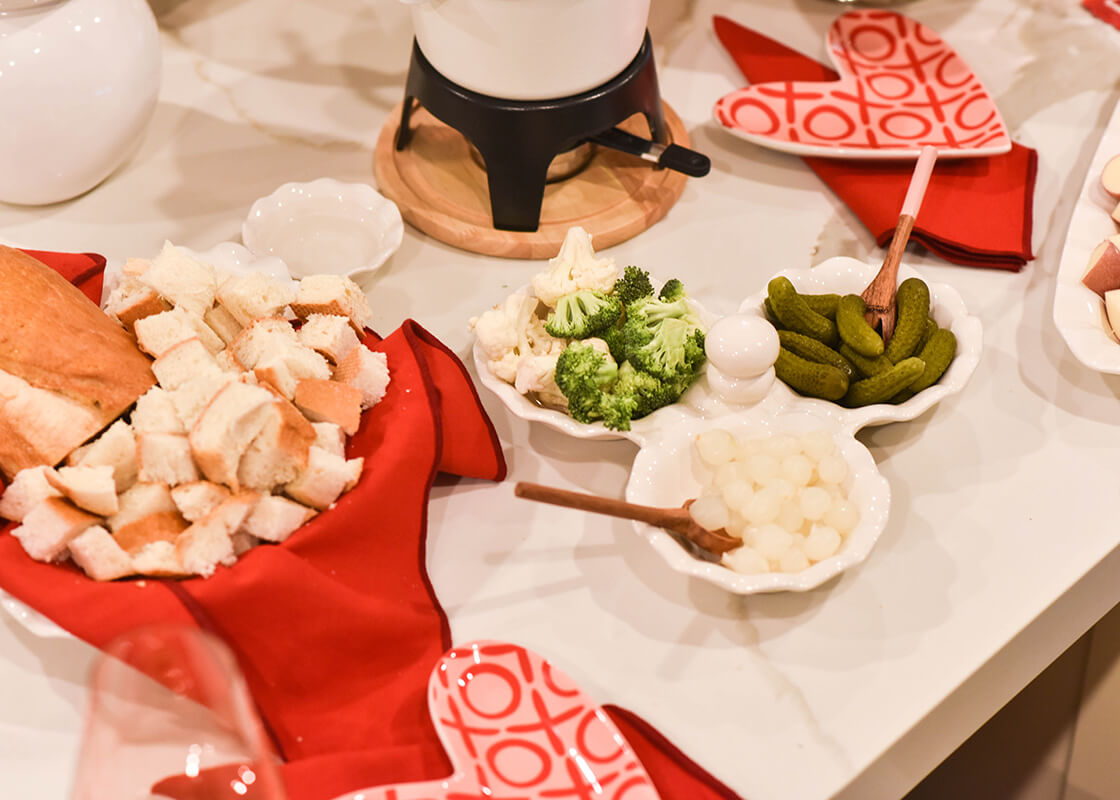 Cropped View of Signature White Ruffle Three Bowl Server in Valentine's Day Tablescape