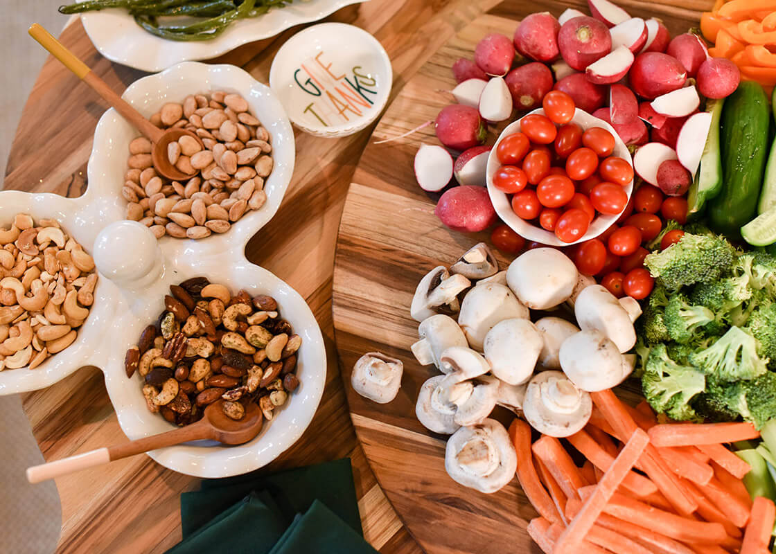 Overhead View of Signature White Ruffle Three Bowl Server Placed on Thanksgiving Buffet