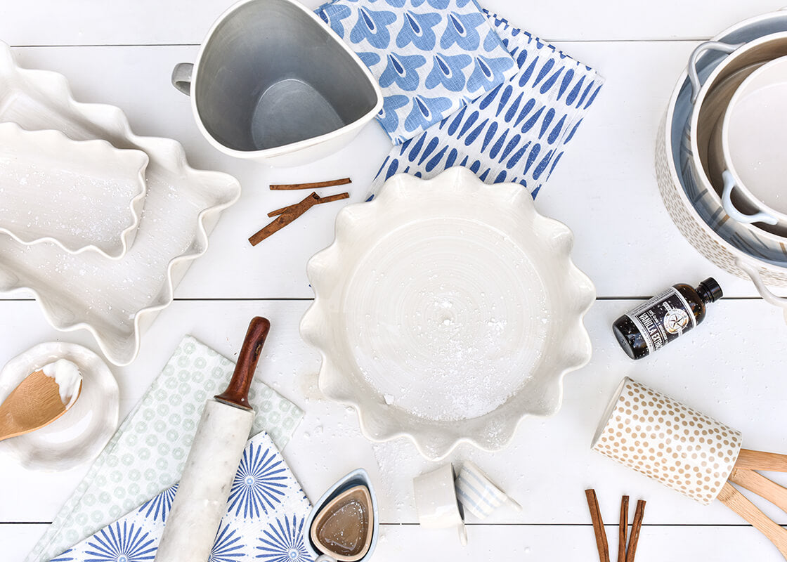 Overhead View of Signature White Ruffle Bakeware Including Loaf Pan