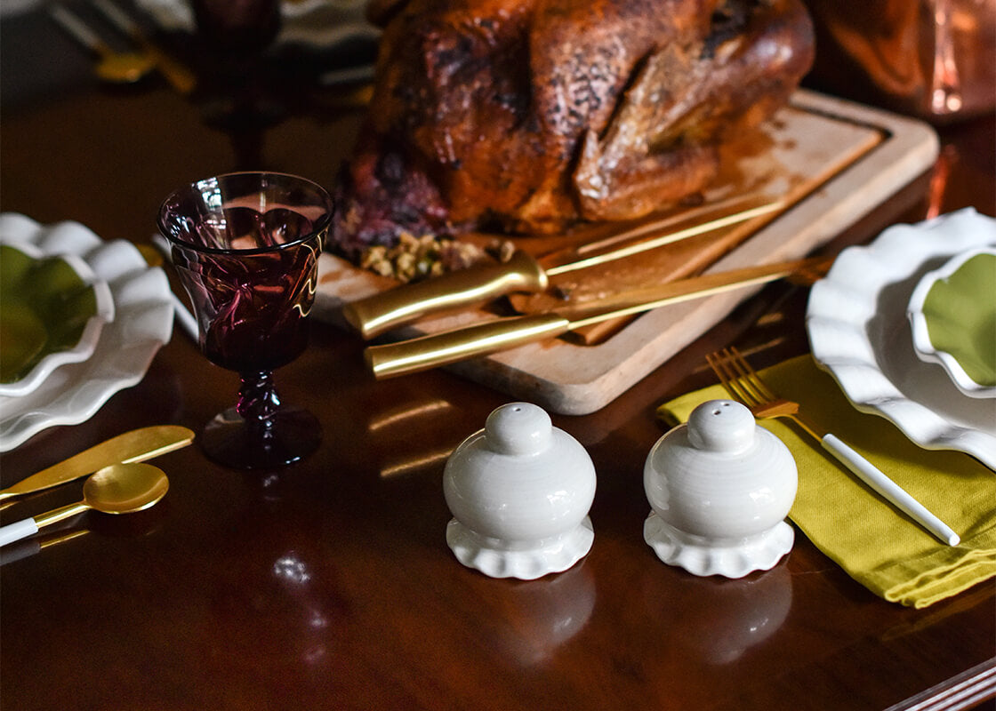 Front View of Seasonal Table Set with Ruffle Design Serveware Including Signature White Salt and Pepper Shaker Set