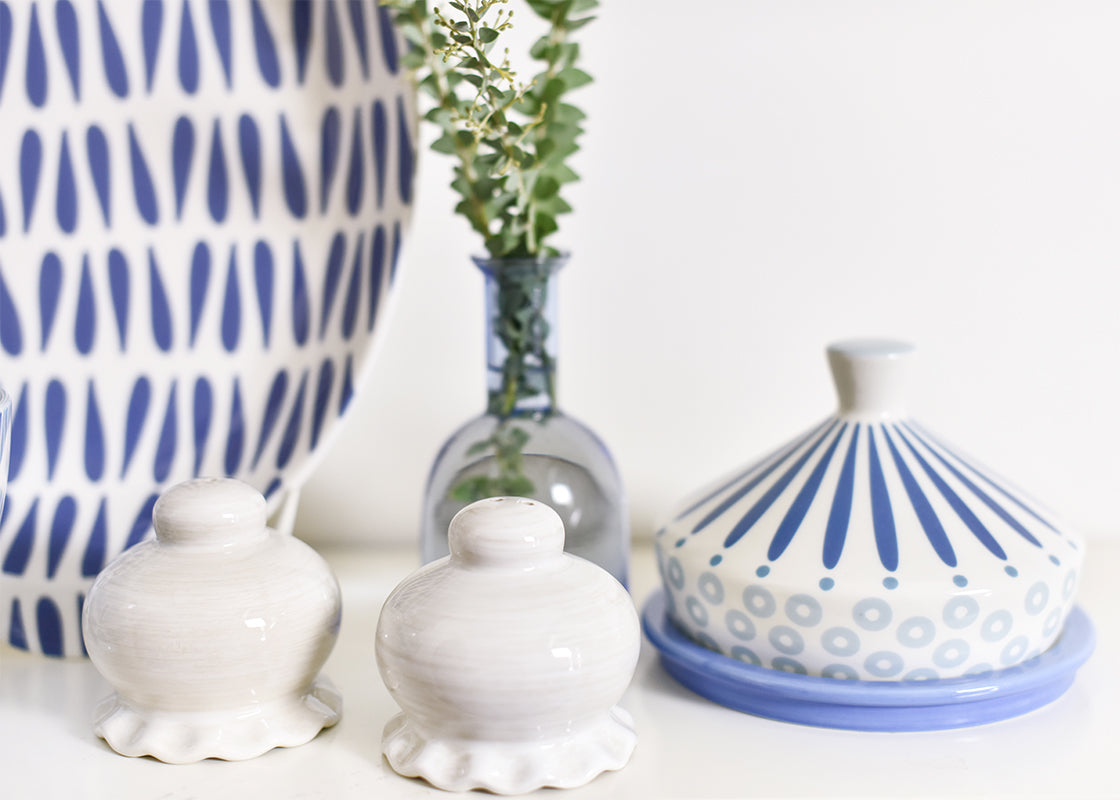 Front View of Blue and White Coton Colors Designs Coordinated with Signature White Salt and Pepper Shaker Set