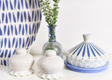 Blue and White Coton Colors Designs Coordinate with  Signature White Salt and Pepper Shaker Set Ruffle Design