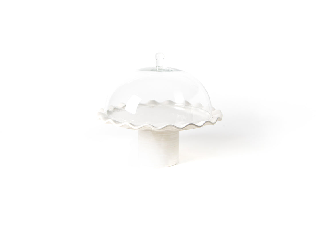 Front View of Small Glass Dome with Straight Knob Placed on Cake Stand
