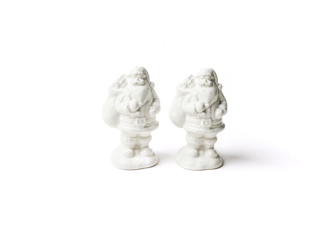 Front View of Placed Side by Side Showcasing Carved Design Details of Santa Salt and Pepper Shaker Set