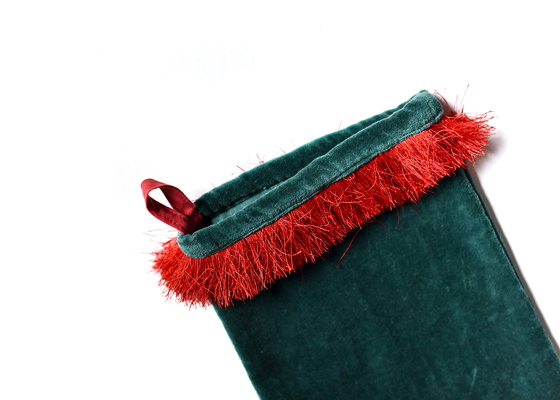 Cropped Close up of Loop Hanger and Red Fringe Trim on Pine Velvet Stocking with Trim