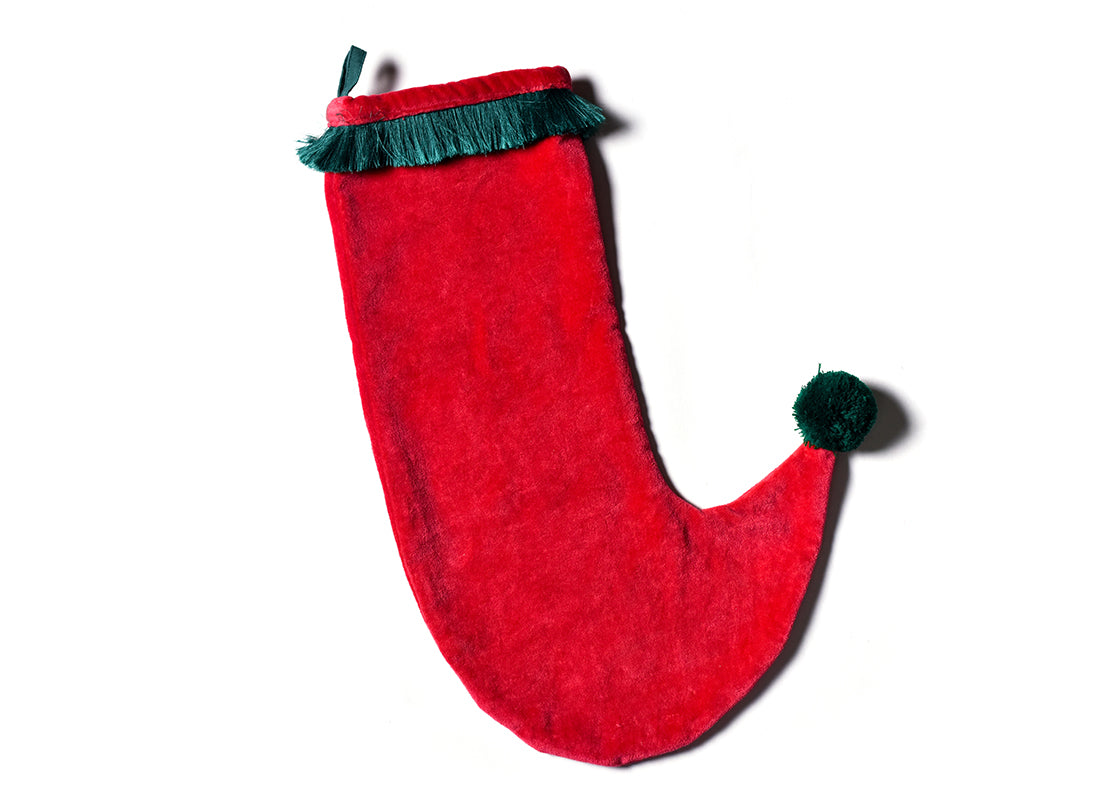 Overhead View of Red Velvet Stocking with Trim