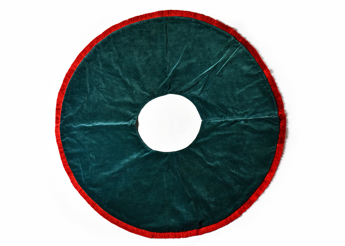 Overhead View of Fully Opened Pine Velvet Tree Skirt with Trim Showing Complete Design