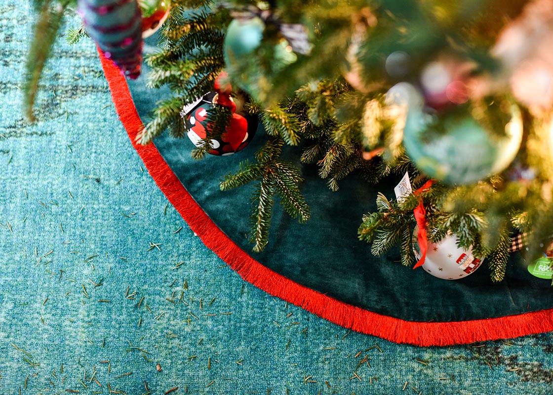 Overhead View of Pine Velvet Tree Skirt Under the Christmas Tree