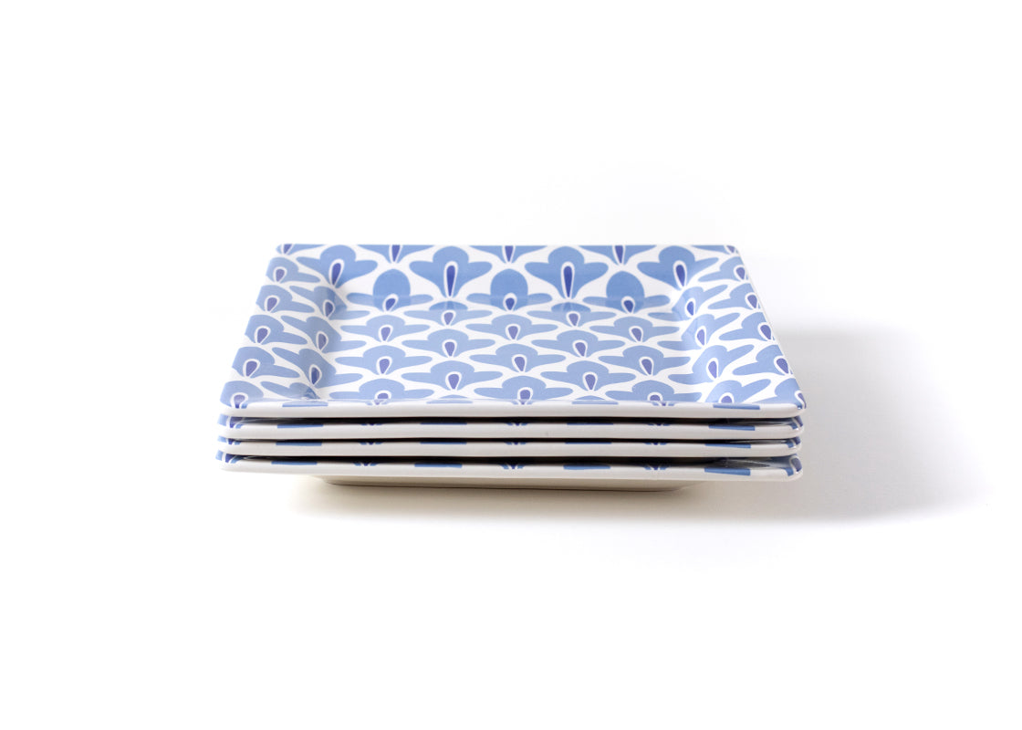 Front View of Neatly Stacked Iris Blue Sprout Square Platter Set of 4