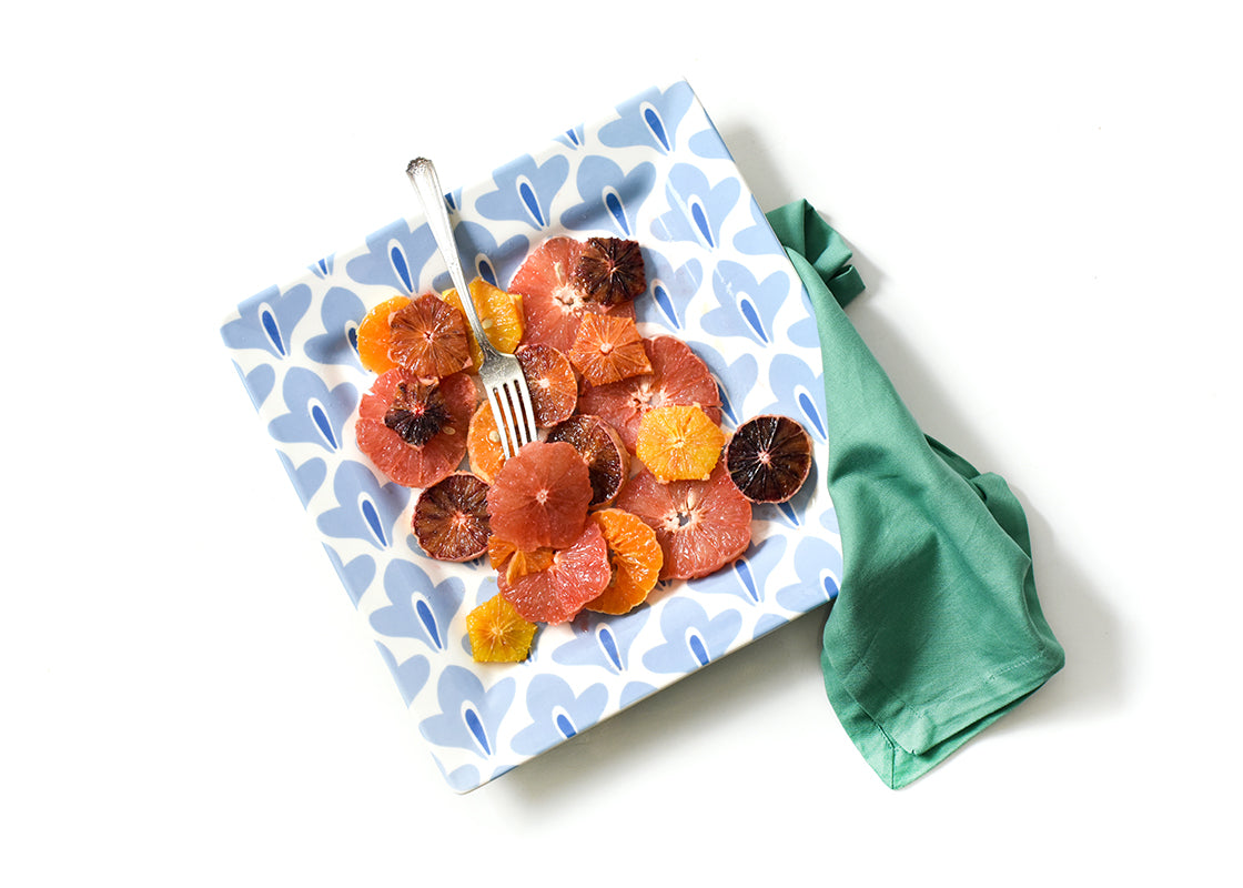 Overhead View of Iris Blue Sprout Square Platter Serving Colorful Citrus Sections