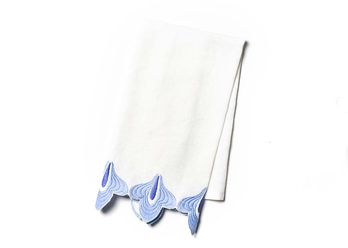 Overhead View of Iris Blue Sprout Trim Medium Hand Towel Showing Design when Folded