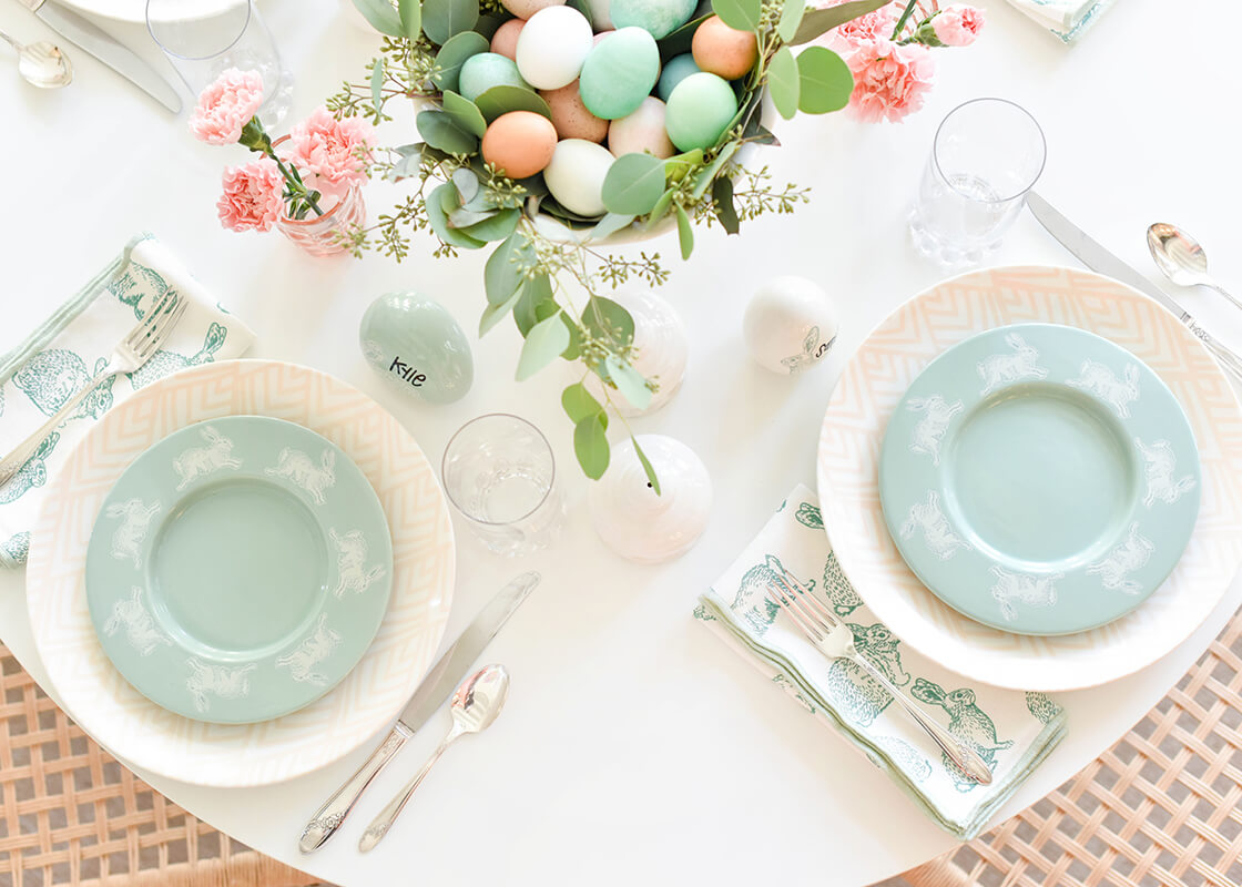 Overhead View of Two Easter Place Settings Including Speckled Rabbit Eggs Set of 2 on Easter Table