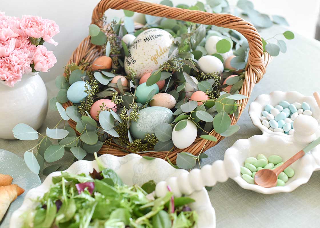 Close up of Speckled Rabbit Eggs in Set of 2 on Easter Table