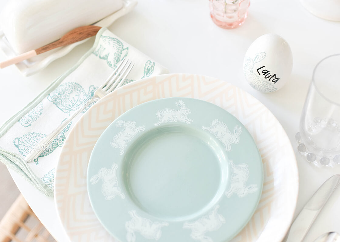 Close up of Individual Place Setting Including Speckled Rabbit Egg from Set of 2 Used as Place Cards on Easter Tablescape