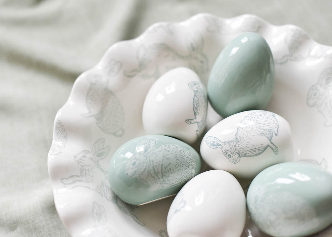 Overhead View of Ceramic Eggs Including Speckled Rabbit Eggs Set of 2