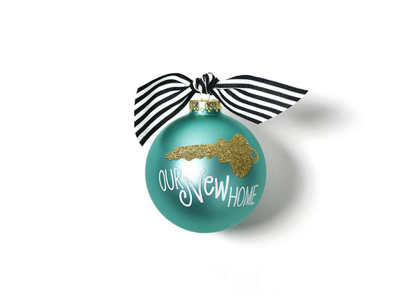Gold Sparkle Key White Writing Our New Home Glass Ornament with Black Striped Bow