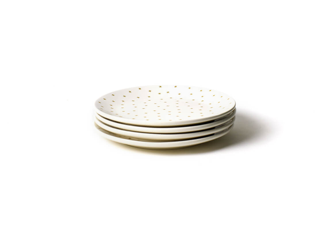 Front View of Neatly Stacked Gold Star Dinner Plate Set of 4 Showing all Pieces in Set