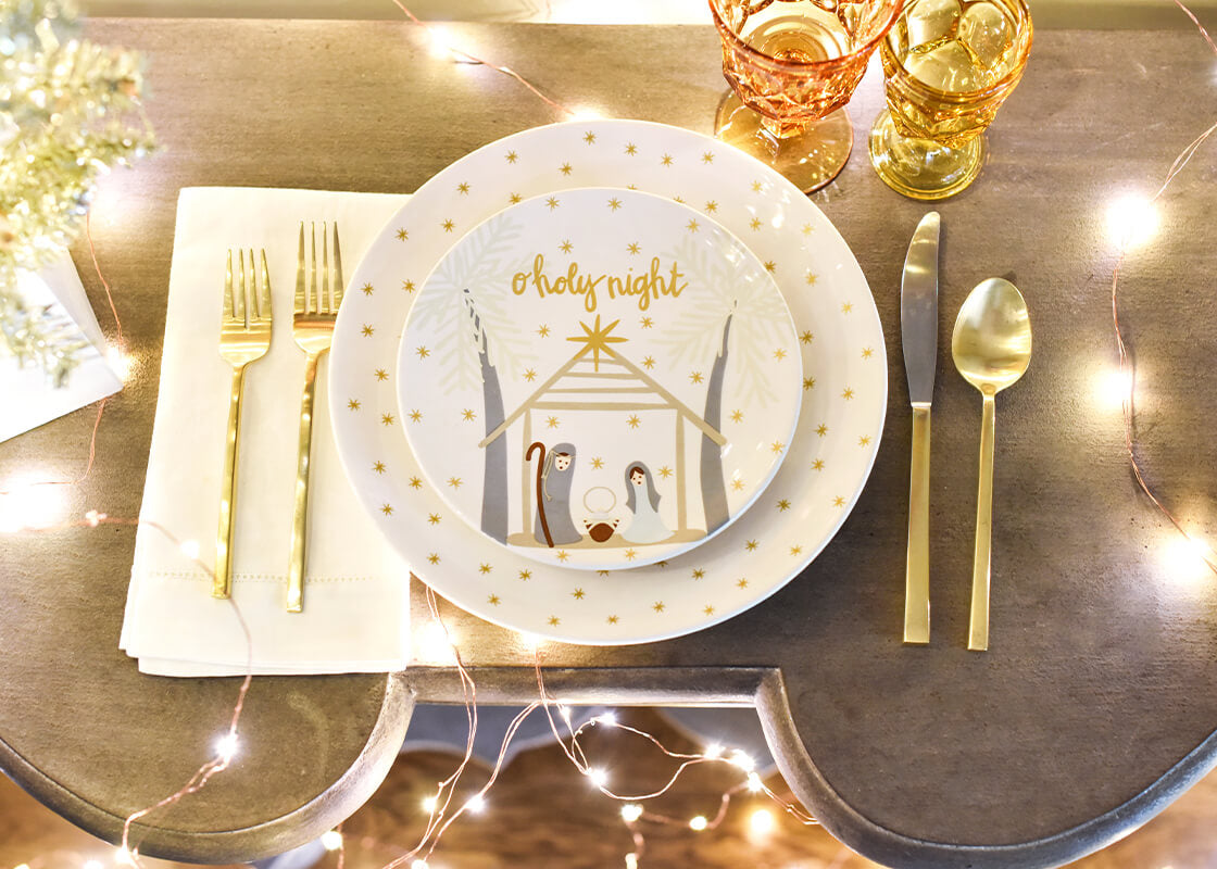 Overhead View of Nativity Scene Design Coordinating with Gold Star Dinner Plate