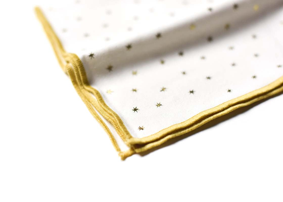 Cropped Close up of Gold Hem Stitched Edge on Folded Gold Stars Napkin Set of 4 Showcasing Metallic Gold Stars