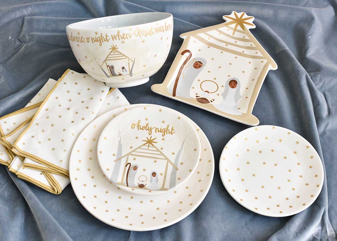 Overhead View of O Holy Night Collection Including Gold Stars Salad Plate and Linens